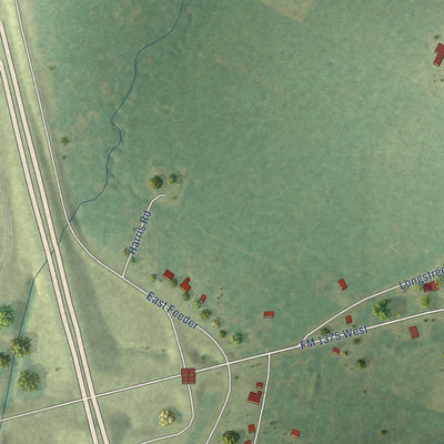 Second close-up of the map of New Waverly, Texas print showing more streets and buildings