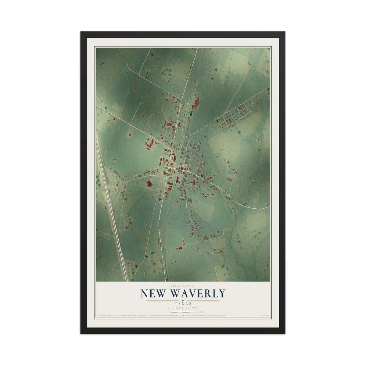 Map of New Waverly, Texas, 12 x 18 inch print in a black wood frame