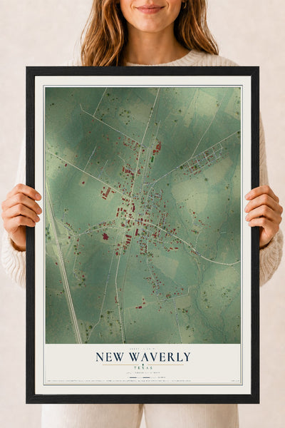 Map of New Waverly, Texas, 18 x 24 inch print in a black wood frame