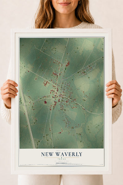 Map of New Waverly, Texas, 18 x 24 inch print in a white wood frame