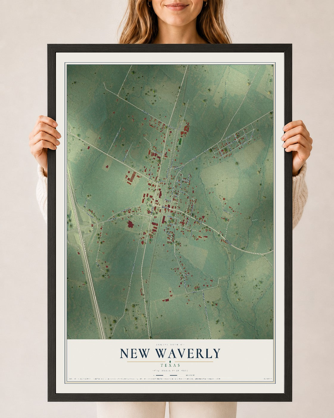 Map of New Waverly, Texas, 24 x 36 inch print in a black wood frame