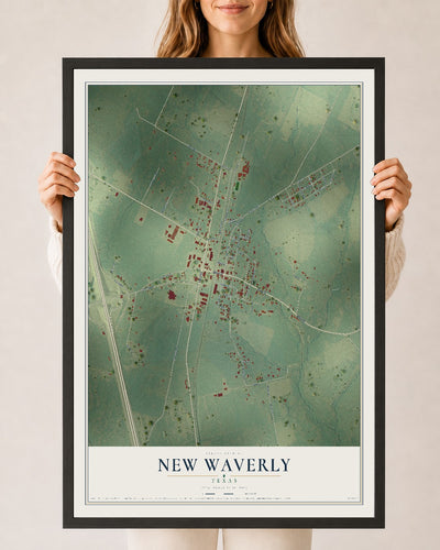 Map of New Waverly, Texas, 24 x 36 inch print in a black wood frame