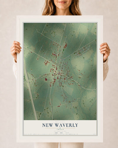 Map of New Waverly, Texas, 24 x 36 inch print in a white wood frame