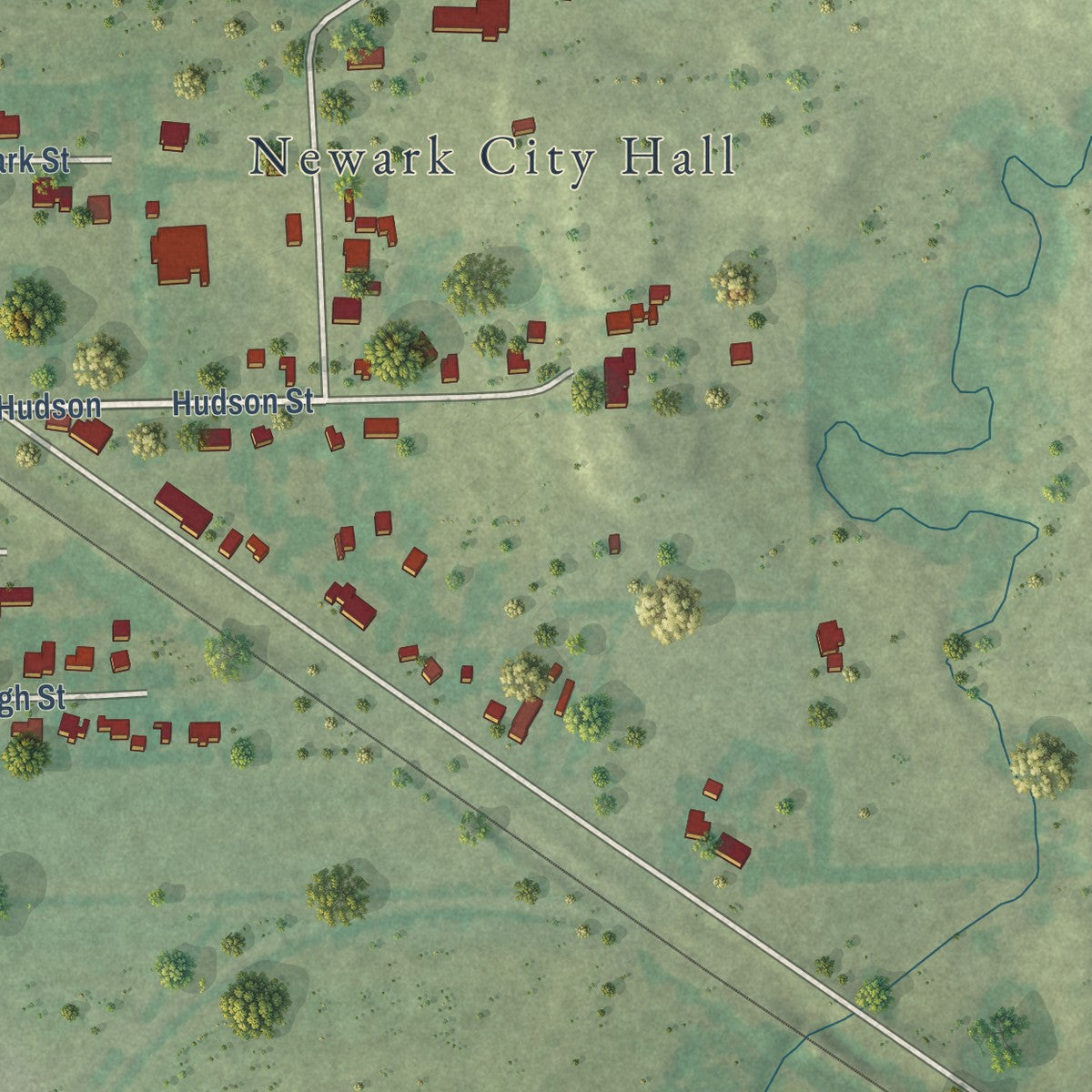 Second close-up of the map of Newark, Texas print showing more streets and buildings
