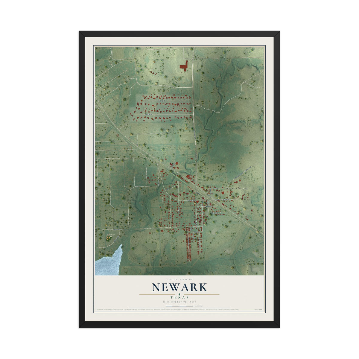 Map of Newark, Texas, 12 x 18 inch print in a black wood frame