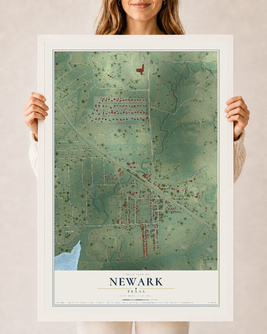 Map of Newark, Texas, 24 x 36 inch print in a white wood frame