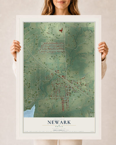Map of Newark, Texas, 24 x 36 inch print in a white wood frame
