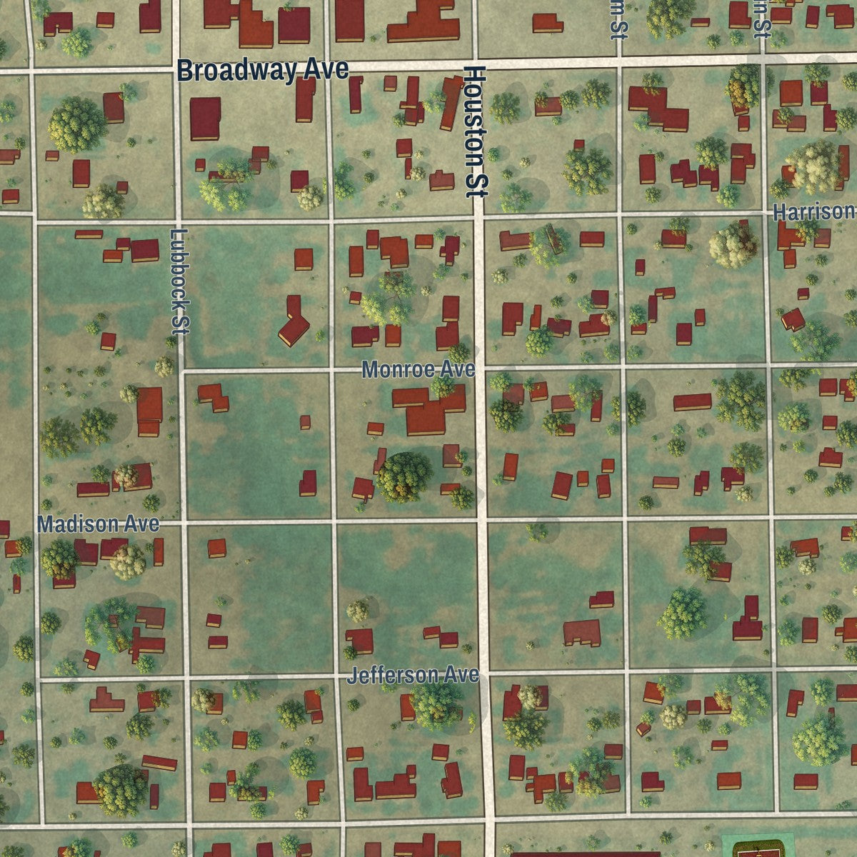 Close-up of the map of Newcastle, Texas print showing street and building detail