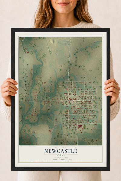 Map of Newcastle, Texas, 18 x 24 inch print in a black wood frame
