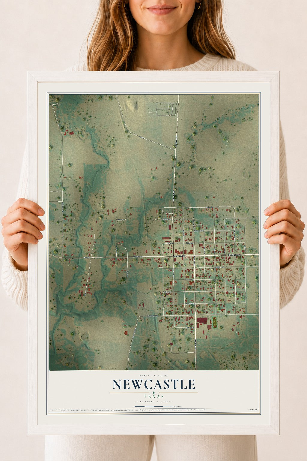 Map of Newcastle, Texas, 18 x 24 inch print in a white wood frame