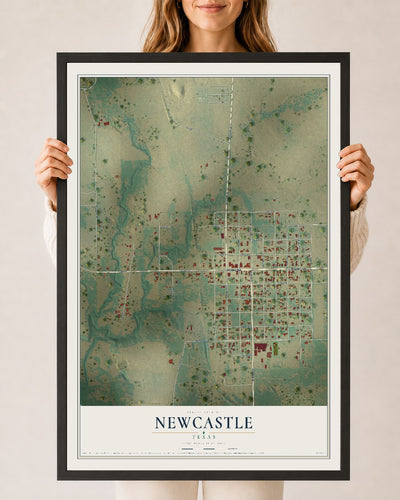 Map of Newcastle, Texas, 24 x 36 inch print in a black wood frame
