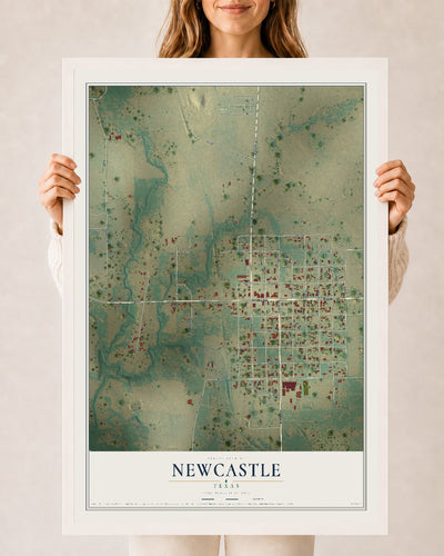 Map of Newcastle, Texas, 24 x 36 inch print in a white wood frame