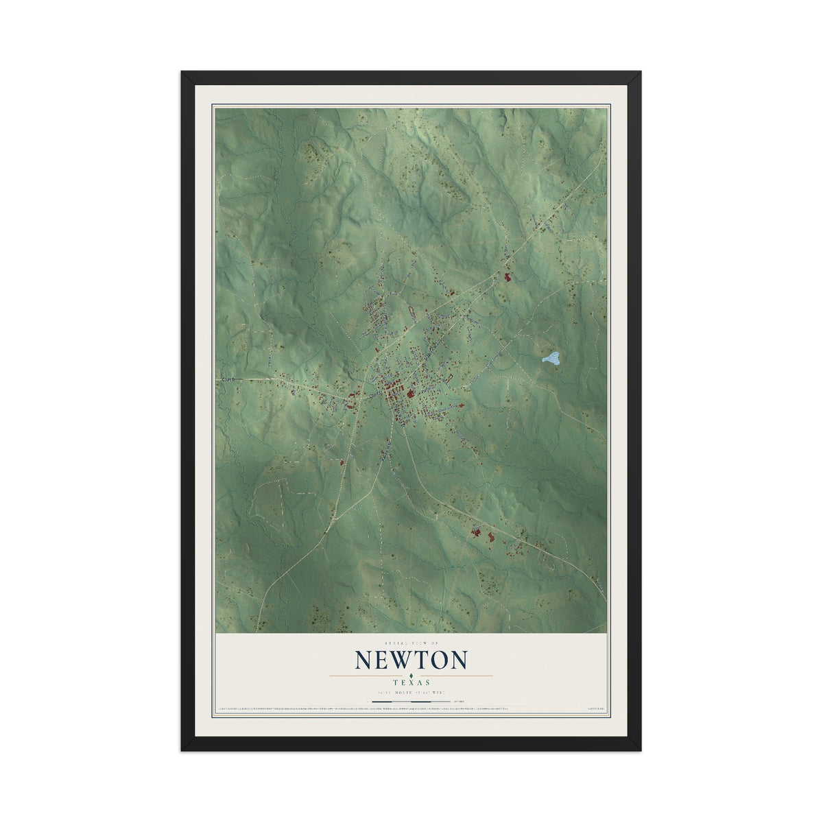 Map of Newton, Texas, 12 x 18 inch print in a black wood frame