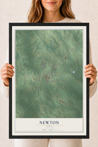 Map of Newton, Texas, 18 x 24 inch print in a black wood frame