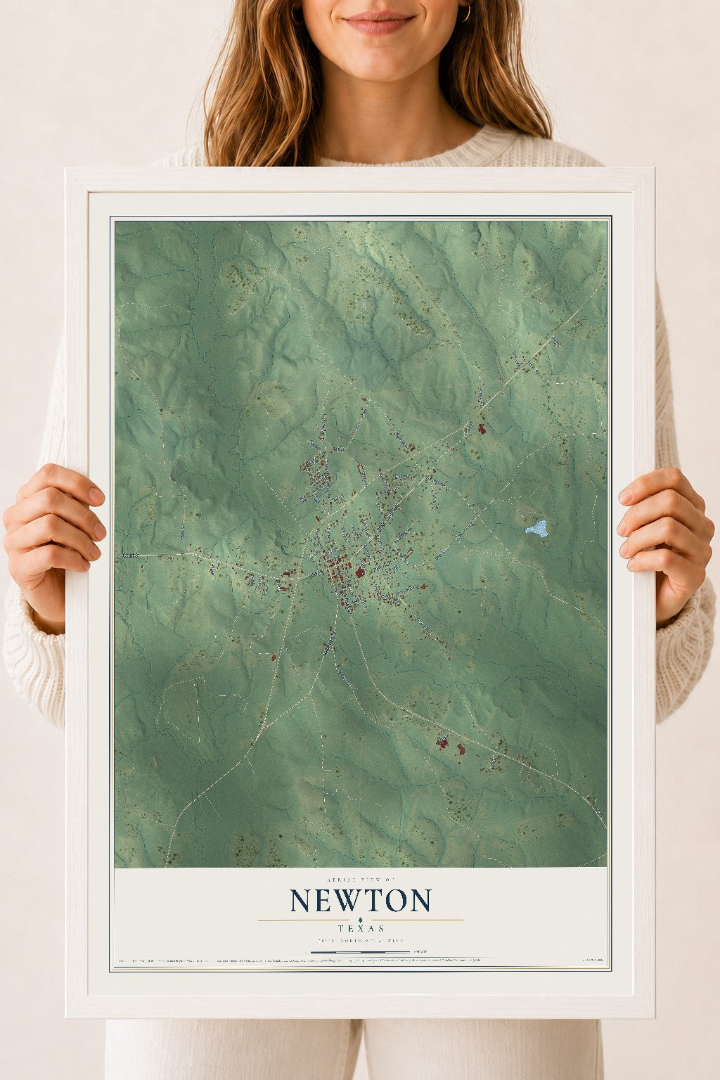 Map of Newton, Texas, 18 x 24 inch print in a white wood frame