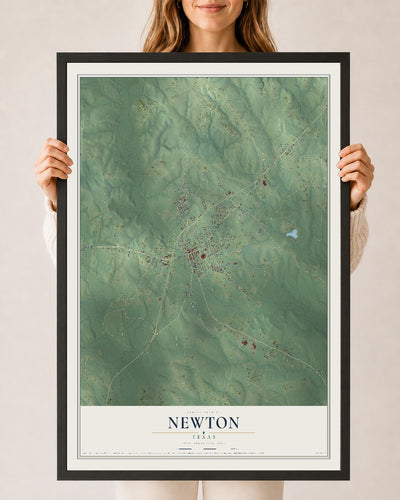 Map of Newton, Texas, 24 x 36 inch print in a black wood frame