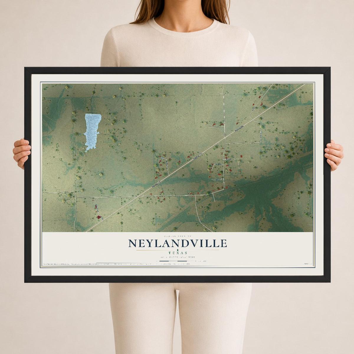 Map of Neylandville, Texas, 24 x 36 inch print in a black wood frame