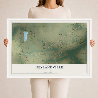 Map of Neylandville, Texas, 24 x 36 inch print in a white wood frame