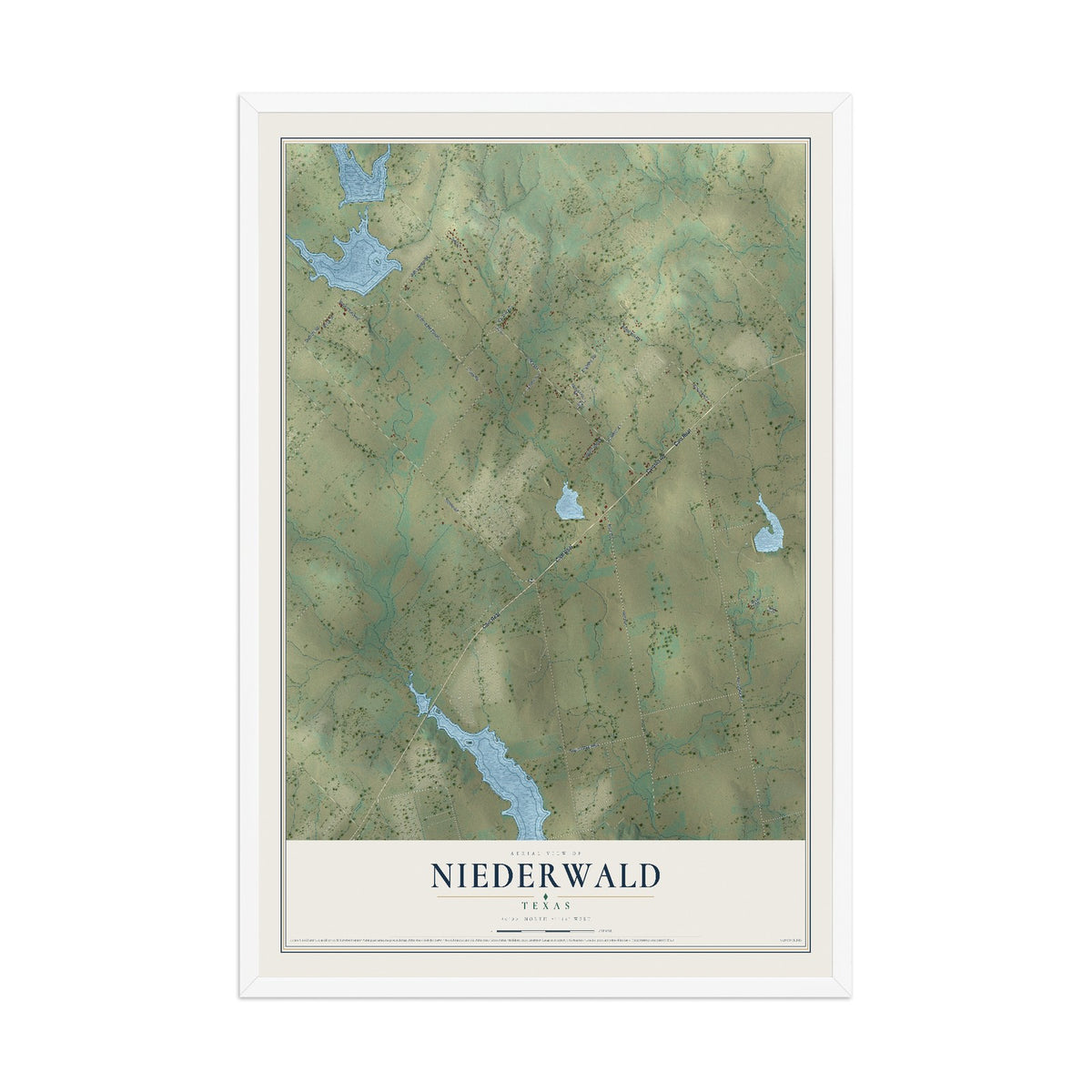 Map of Niederwald, Texas, 12 x 18 inch print in a white wood frame