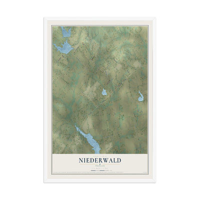 Map of Niederwald, Texas, 12 x 18 inch print in a white wood frame