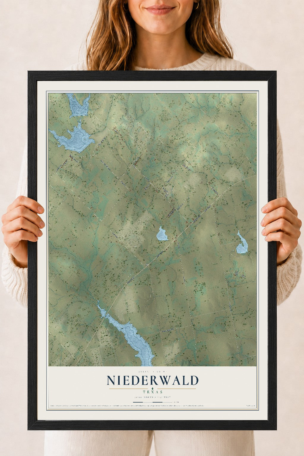 Map of Niederwald, Texas, 18 x 24 inch print in a black wood frame