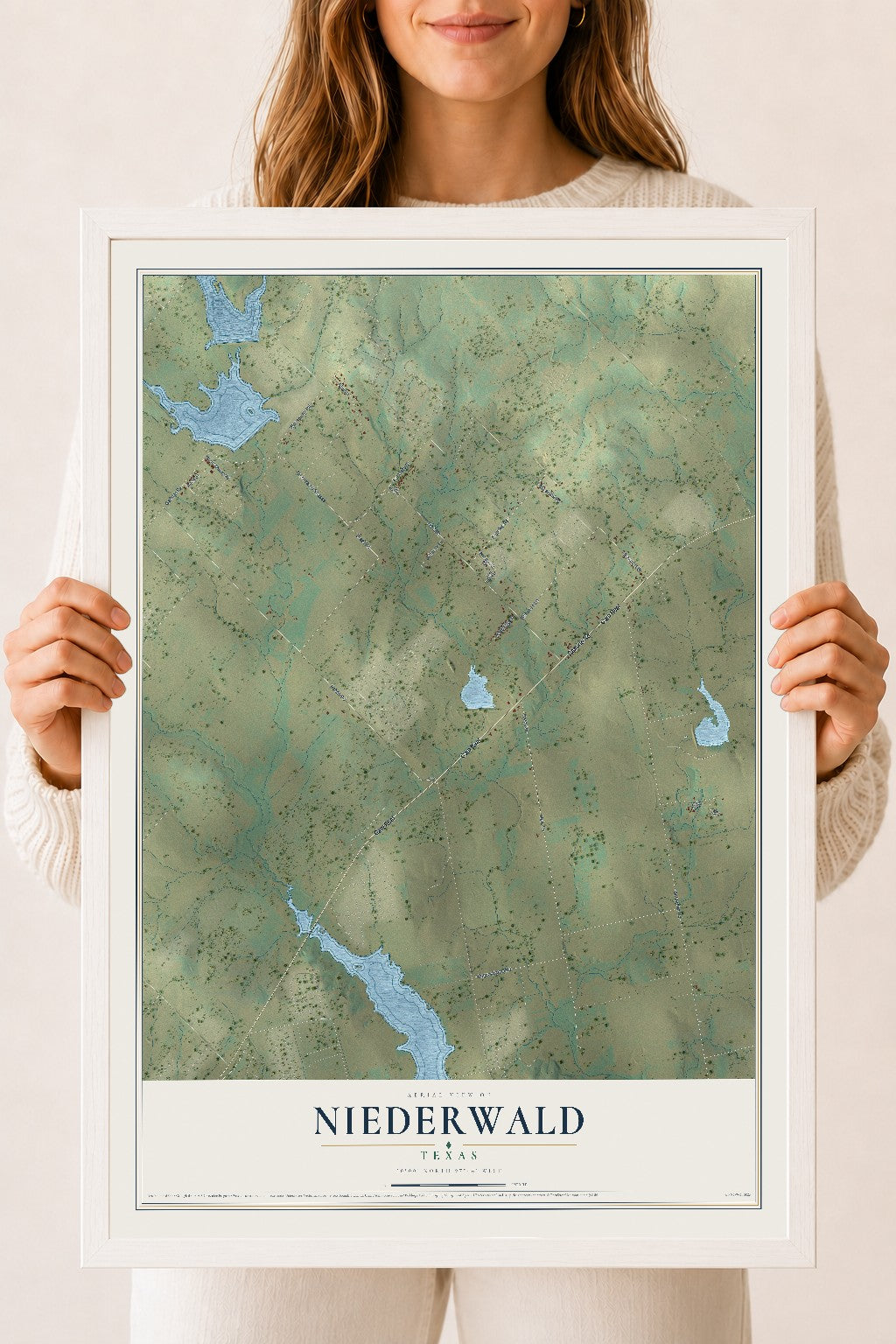 Map of Niederwald, Texas, 18 x 24 inch print in a white wood frame