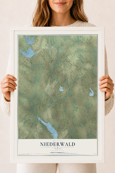 Map of Niederwald, Texas, 18 x 24 inch print in a white wood frame