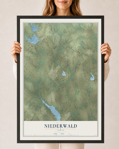 Map of Niederwald, Texas, 24 x 36 inch print in a black wood frame