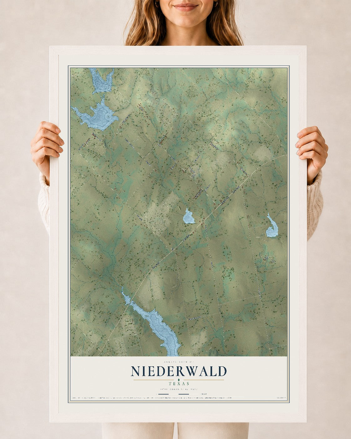 Map of Niederwald, Texas, 24 x 36 inch print in a white wood frame