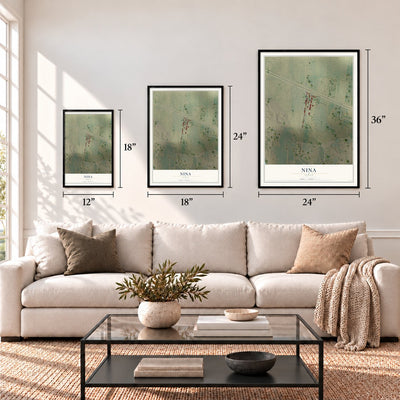 Nina, Texas map in 12 x 18, 18 x 24 and 24 x 36 inch sizes above a sofa