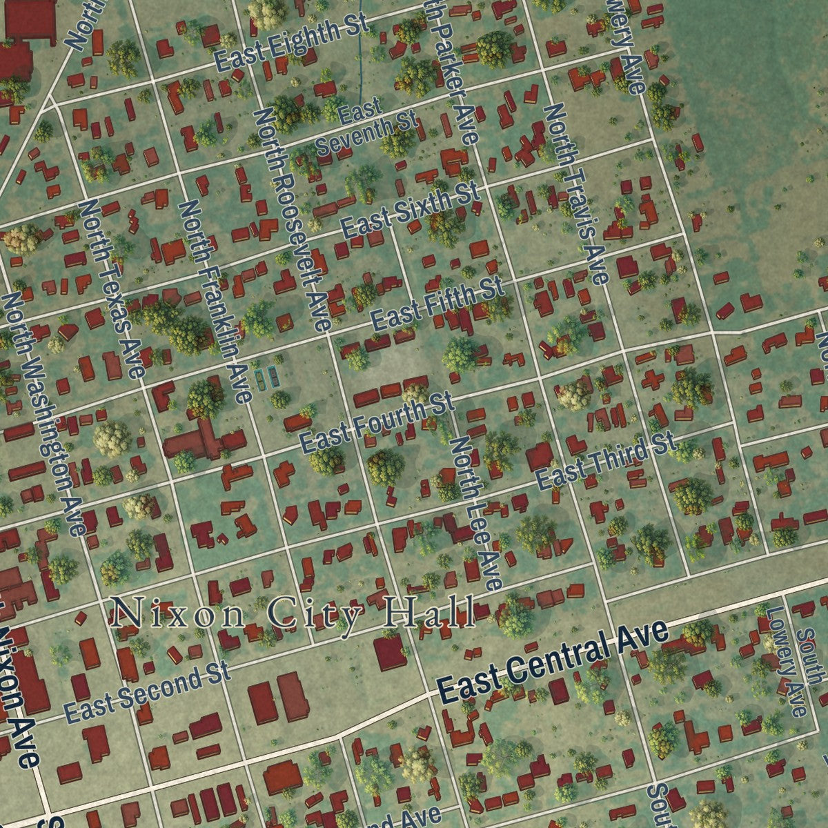 Close-up of the map of Nixon, Texas print showing street and building detail