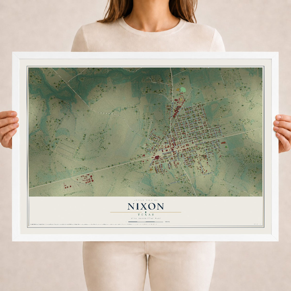 Map of Nixon, Texas, 18 x 24 inch print in a white wood frame