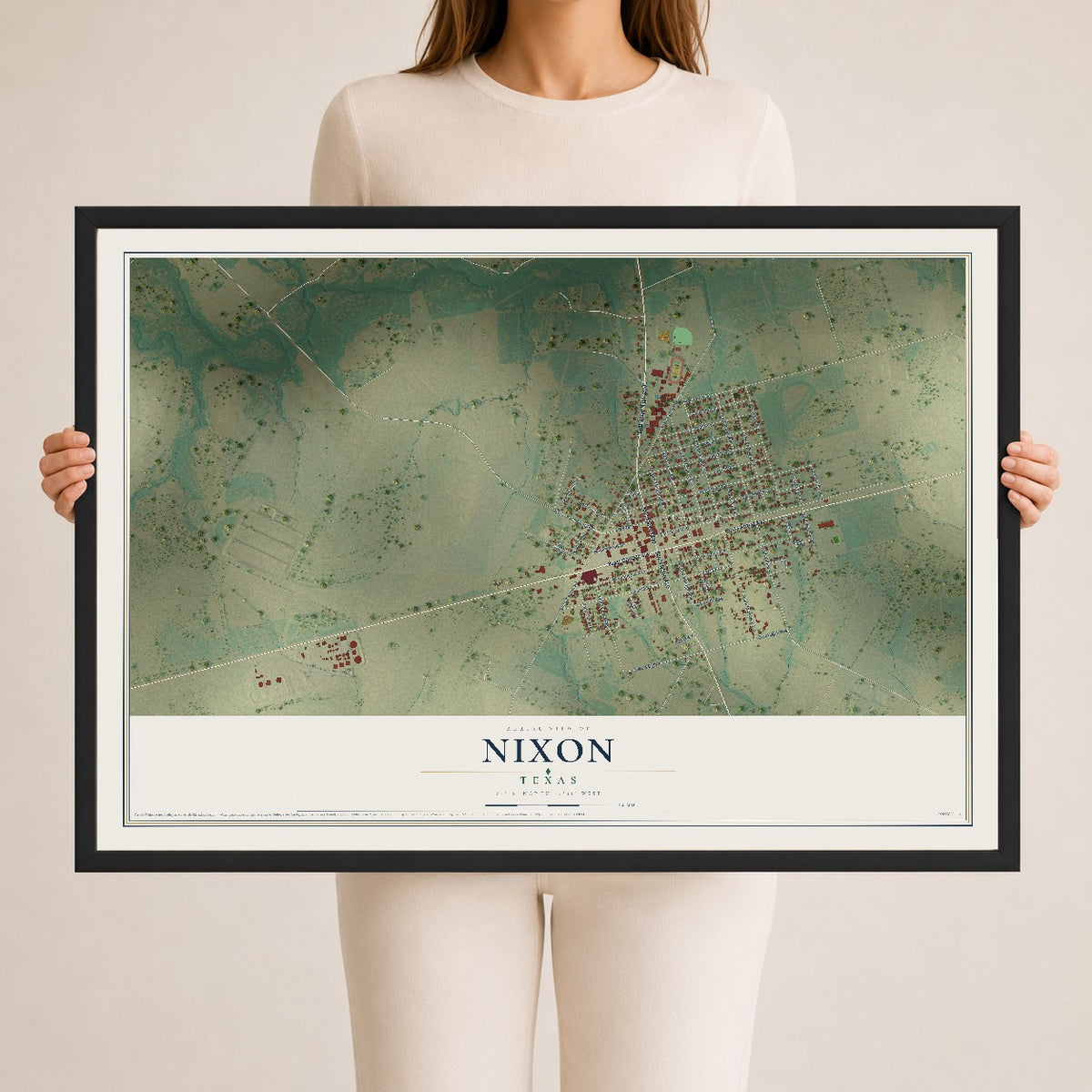 Map of Nixon, Texas, 24 x 36 inch print in a black wood frame