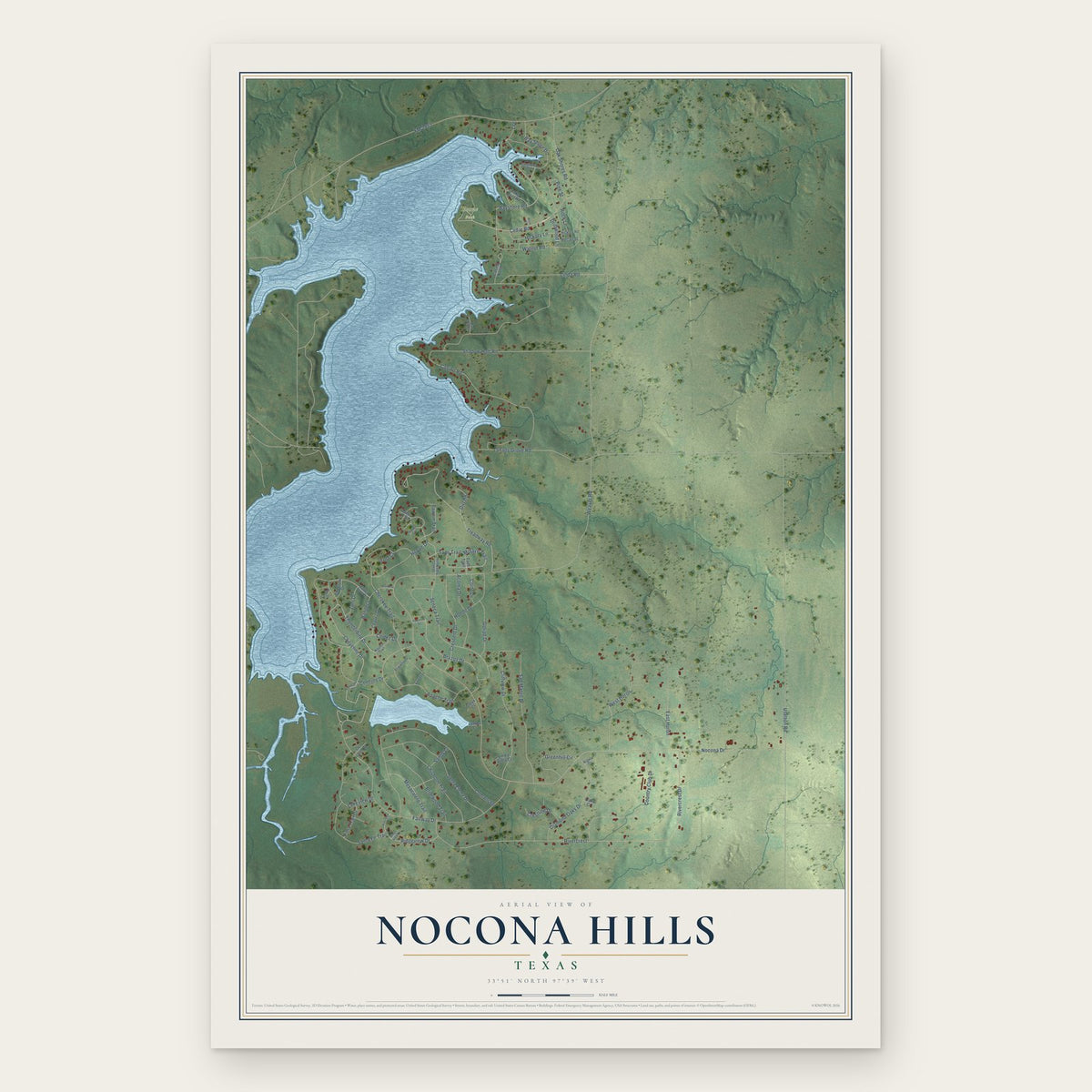 Nocona Hills, Texas map print, the full design