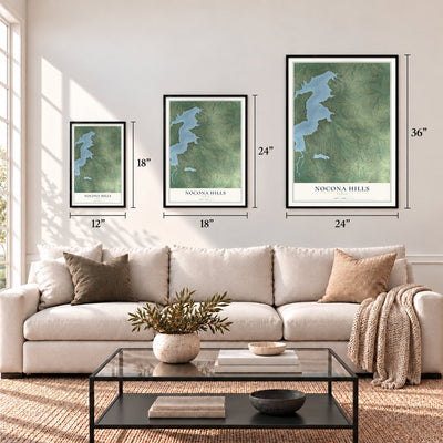 Nocona Hills, Texas map in 12 x 18, 18 x 24 and 24 x 36 inch sizes above a sofa