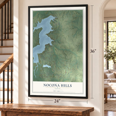 Nocona Hills, Texas map, 24 x 36 inch print in a black frame by a staircase