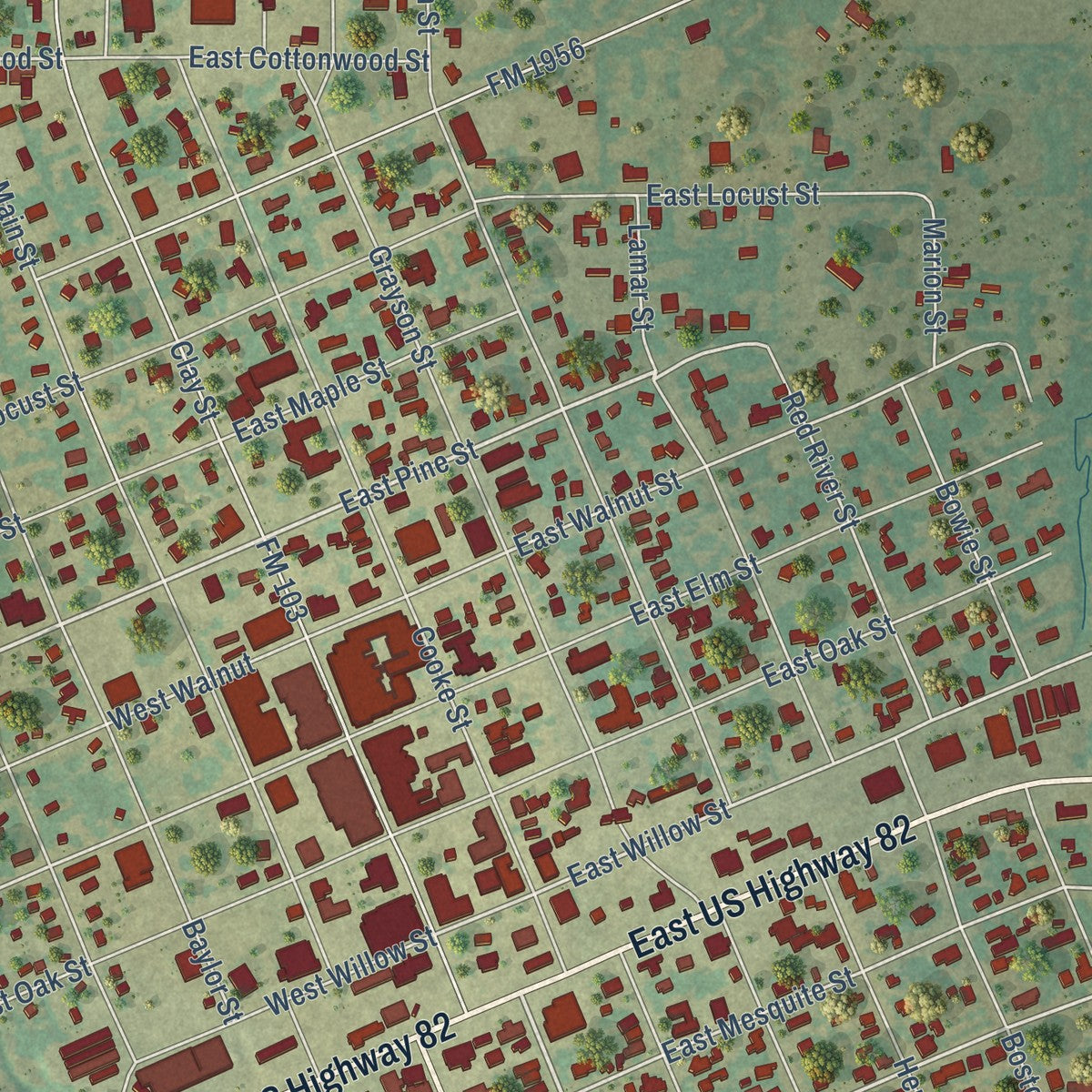 Close-up of the map of Nocona, Texas print showing street and building detail