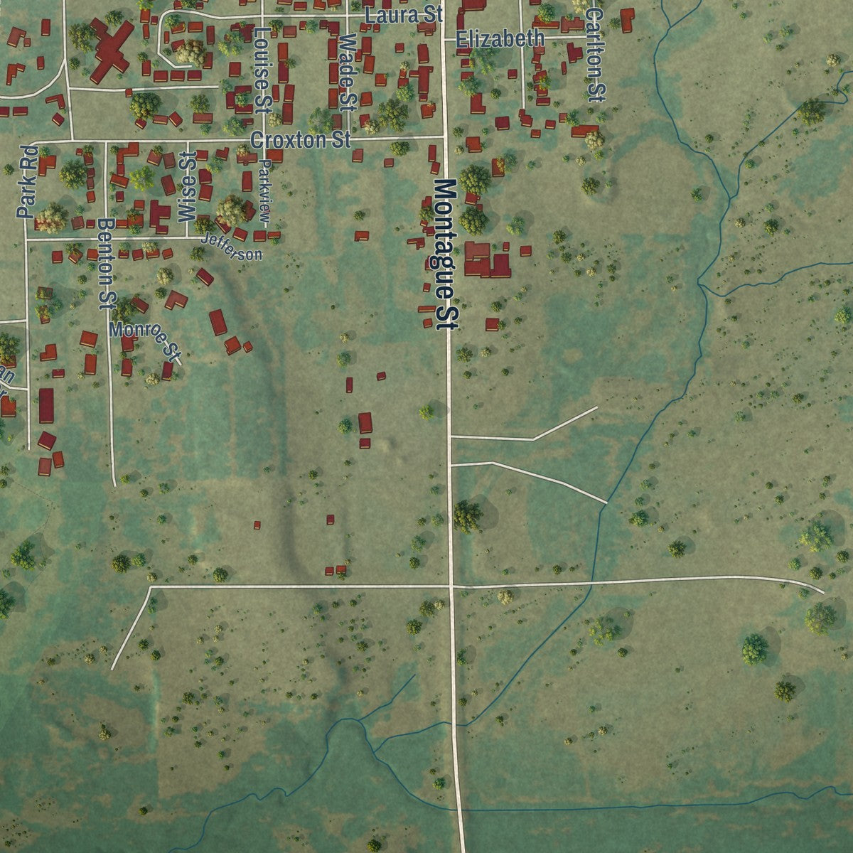 Second close-up of the map of Nocona, Texas print showing more streets and buildings