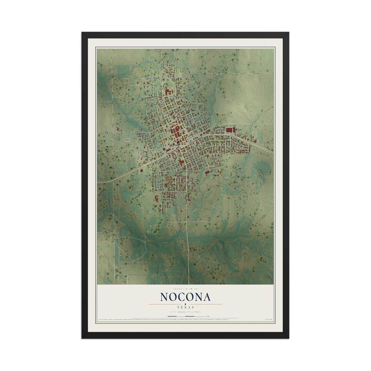 Map of Nocona, Texas, 12 x 18 inch print in a black wood frame