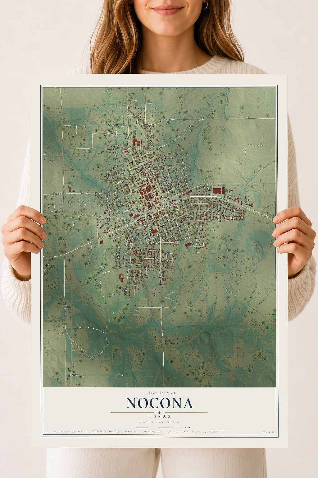Map of Nocona, Texas, 18 x 24 inch unframed archival matte print