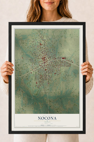 Map of Nocona, Texas, 18 x 24 inch print in a black wood frame