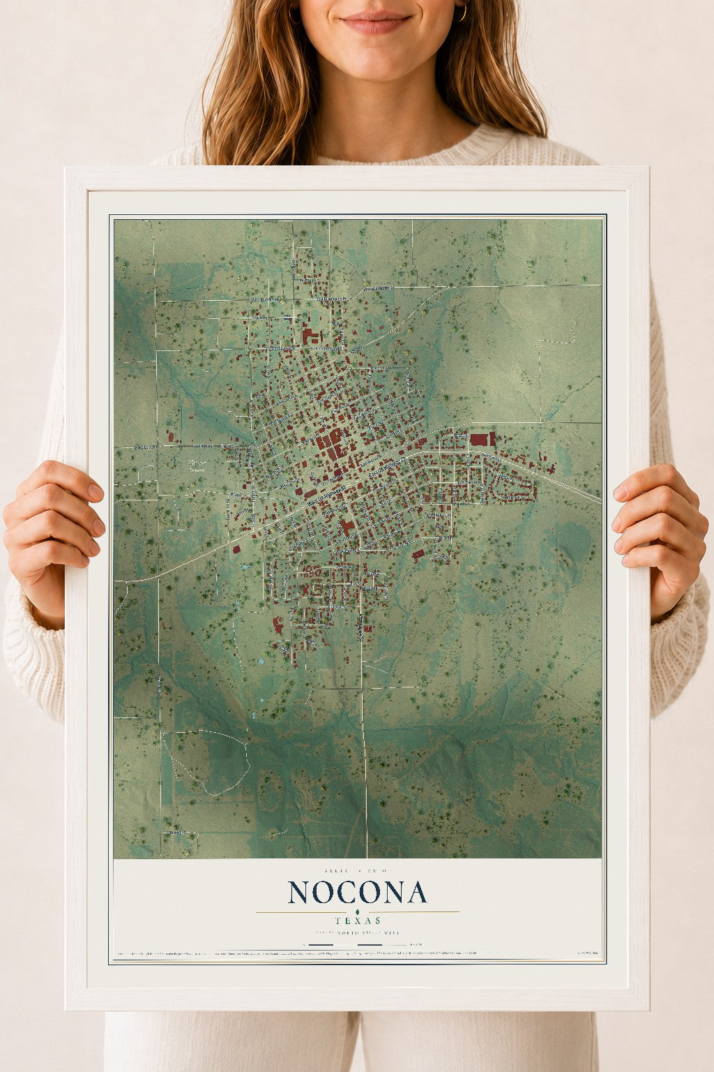 Map of Nocona, Texas, 18 x 24 inch print in a white wood frame