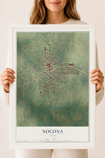 Map of Nocona, Texas, 18 x 24 inch print in a white wood frame