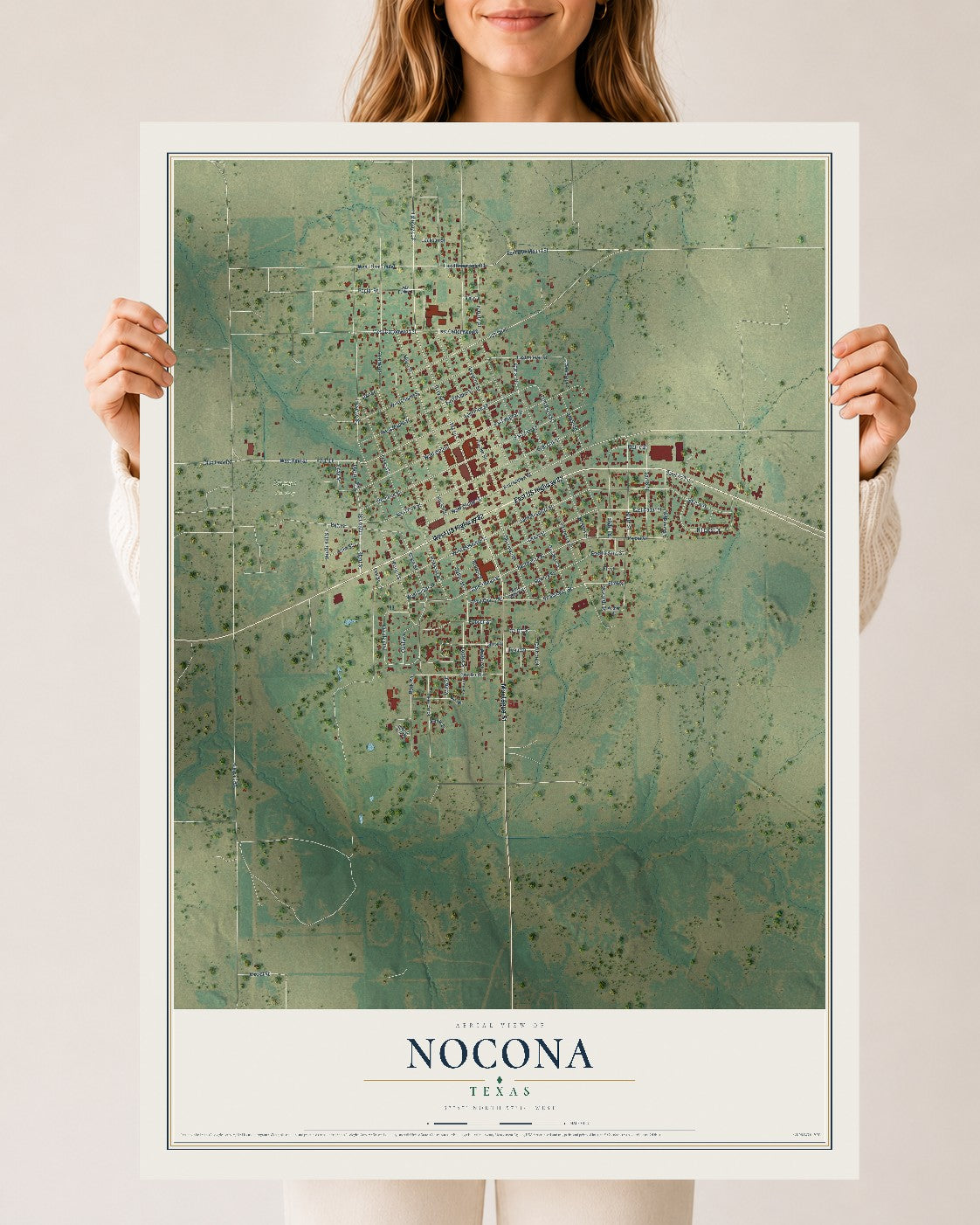 Map of Nocona, Texas, 24 x 36 inch unframed archival matte print