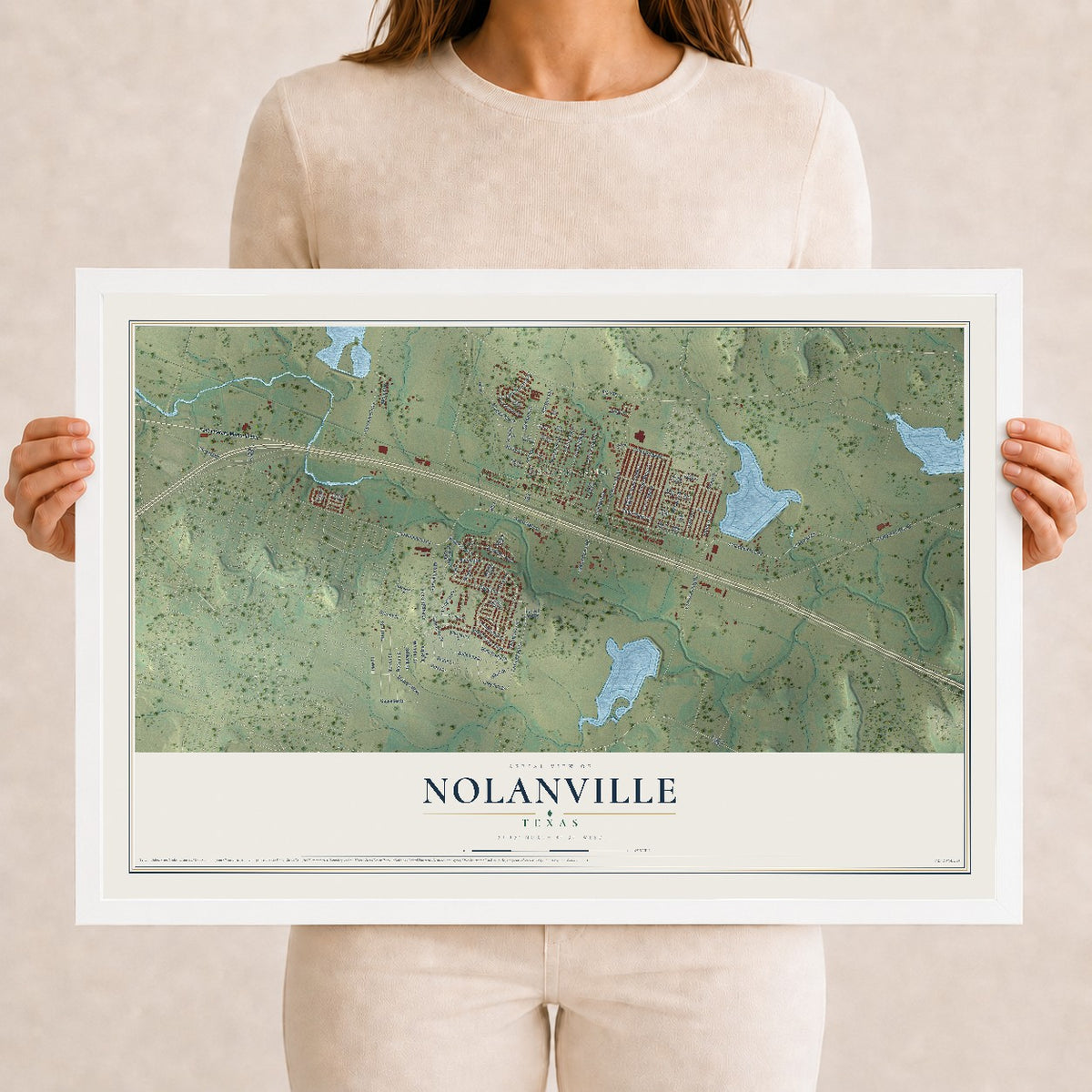 Map of Nolanville, Texas, 12 x 18 inch print in a white wood frame