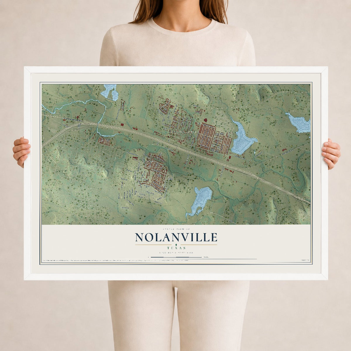 Map of Nolanville, Texas, 24 x 36 inch print in a white wood frame