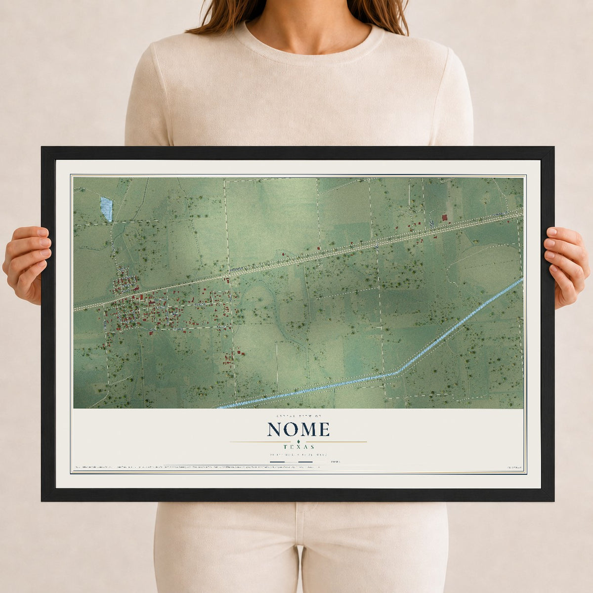 Map of Nome, Texas, 12 x 18 inch print in a black wood frame