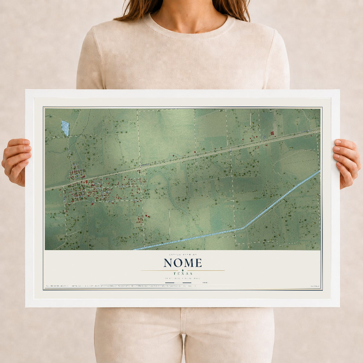 Map of Nome, Texas, 12 x 18 inch print in a white wood frame