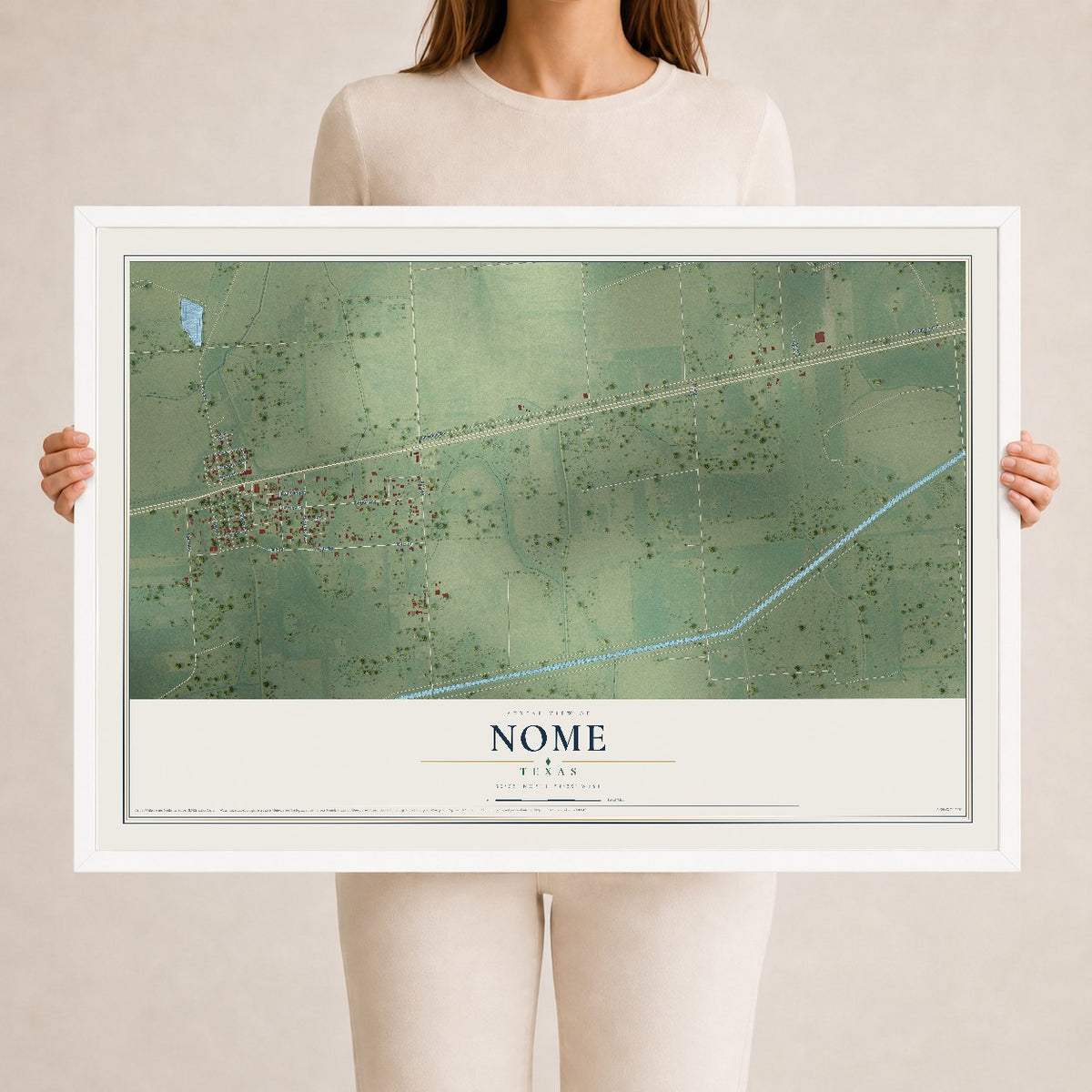 Map of Nome, Texas, 24 x 36 inch print in a white wood frame