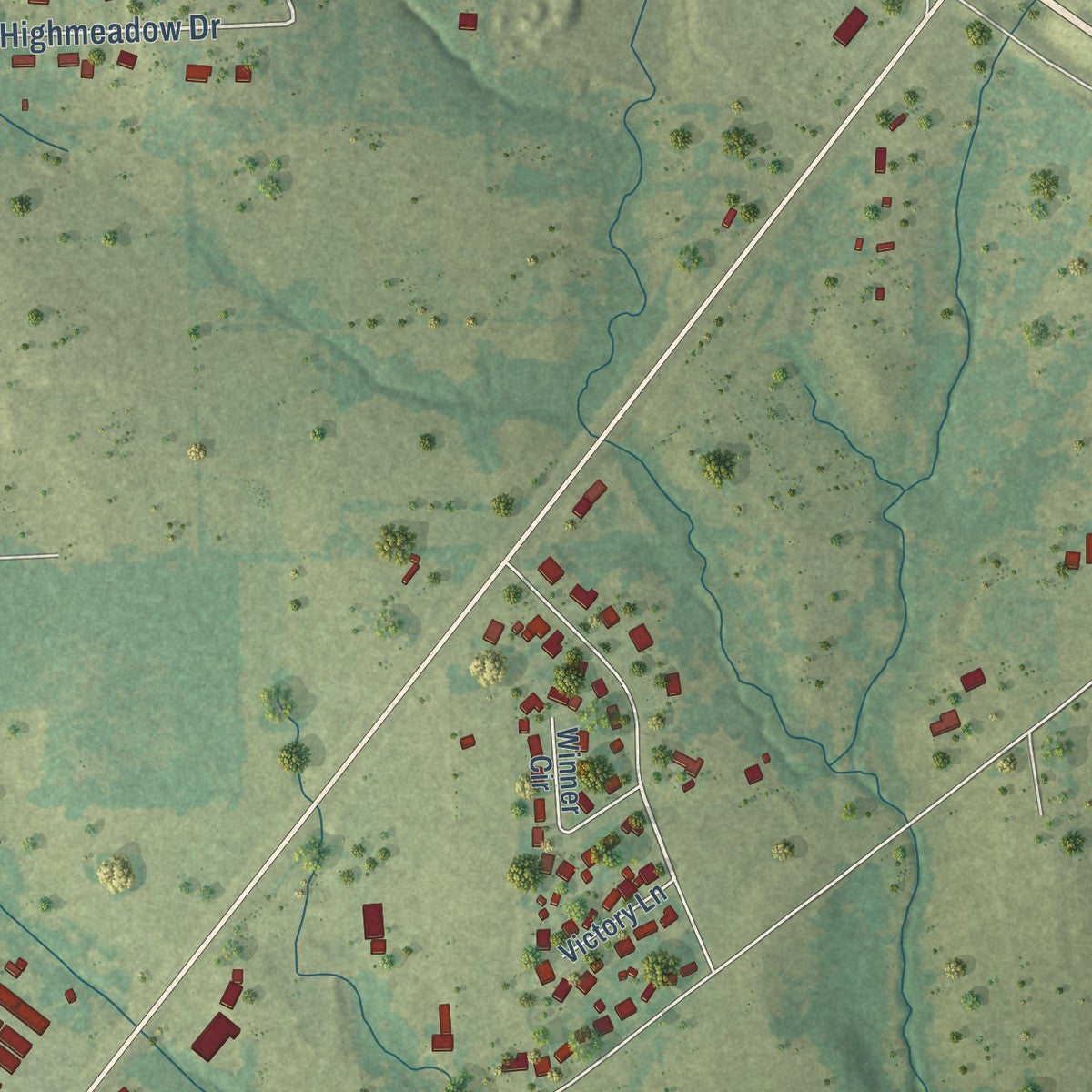 Second close-up of the map of Noonday, Texas print showing more streets and buildings